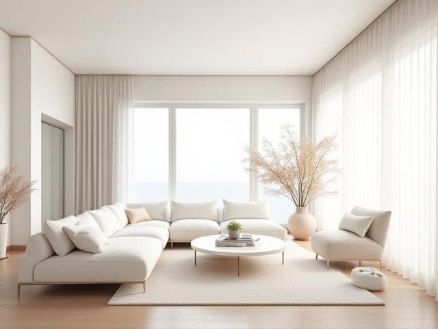 Skandinavisk stue med lyst interiør og store vinduer, et prosjekt av Kvitre Rom