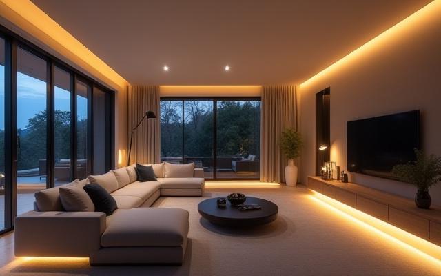 Moderne belysning i et elegant rom, med fokus på funksjon og atmosfære